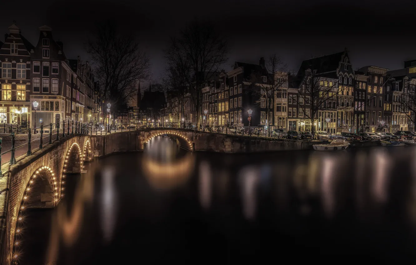 Фото обои ночь, мост, огни, дома, Амстердам, Нидерланды