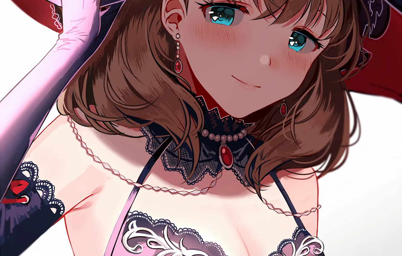 Фото обои girl, sexy, cleavage, blouse, boobs, anime, beautiful, short hair