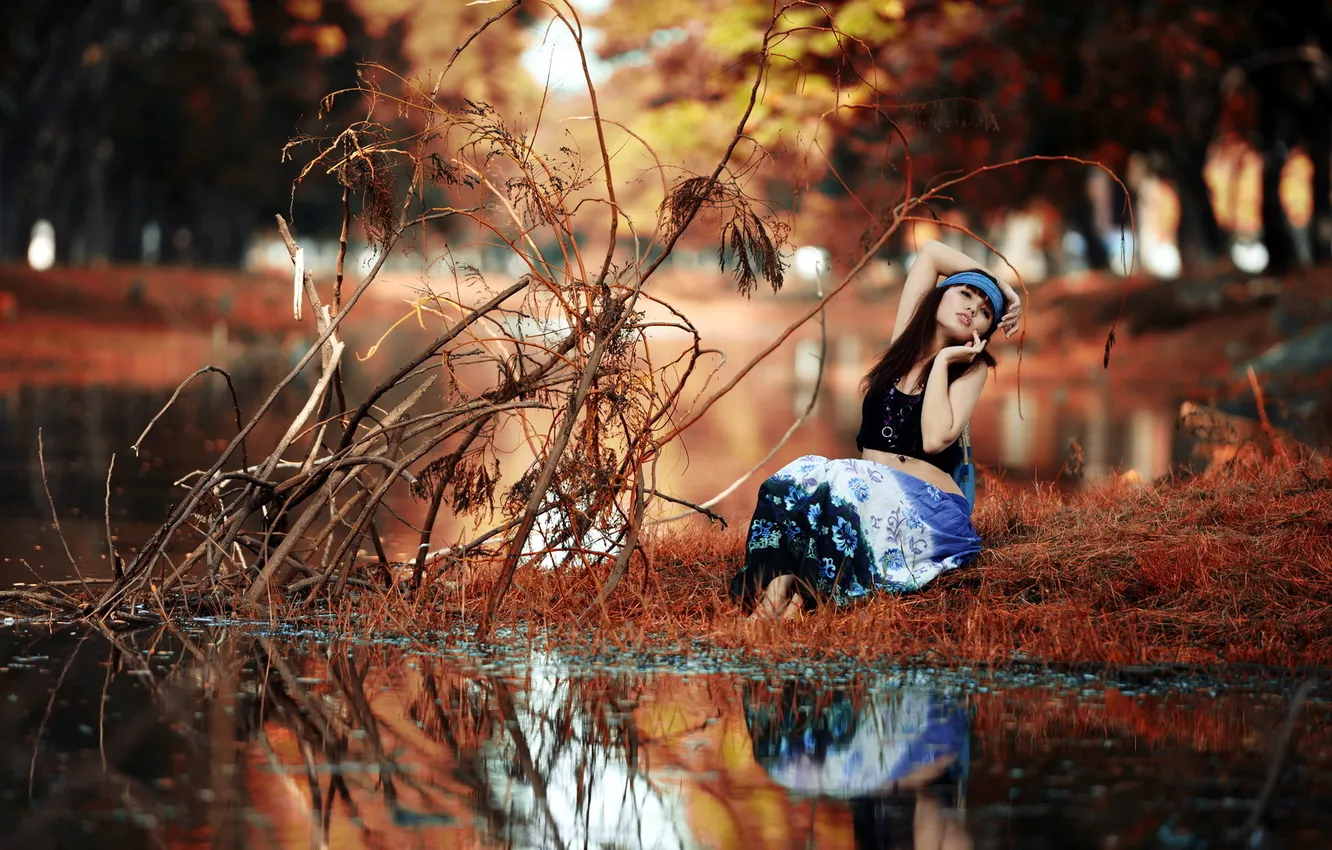 Фото обои девушка, природа, озеро, настроение