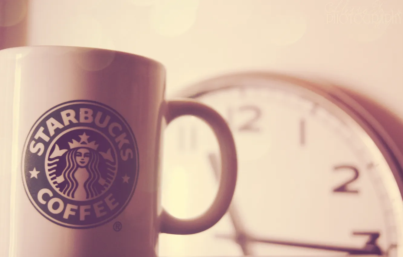 Фото обои часы, логотип, кружка, чашка, starbucks