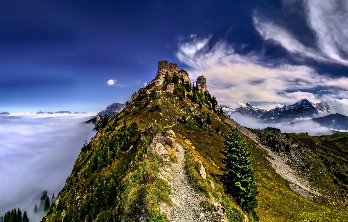 Фото обои небо, облака, горы, Швейцария, Switzerland, Bernese Alps, Бернские Альпы, пан