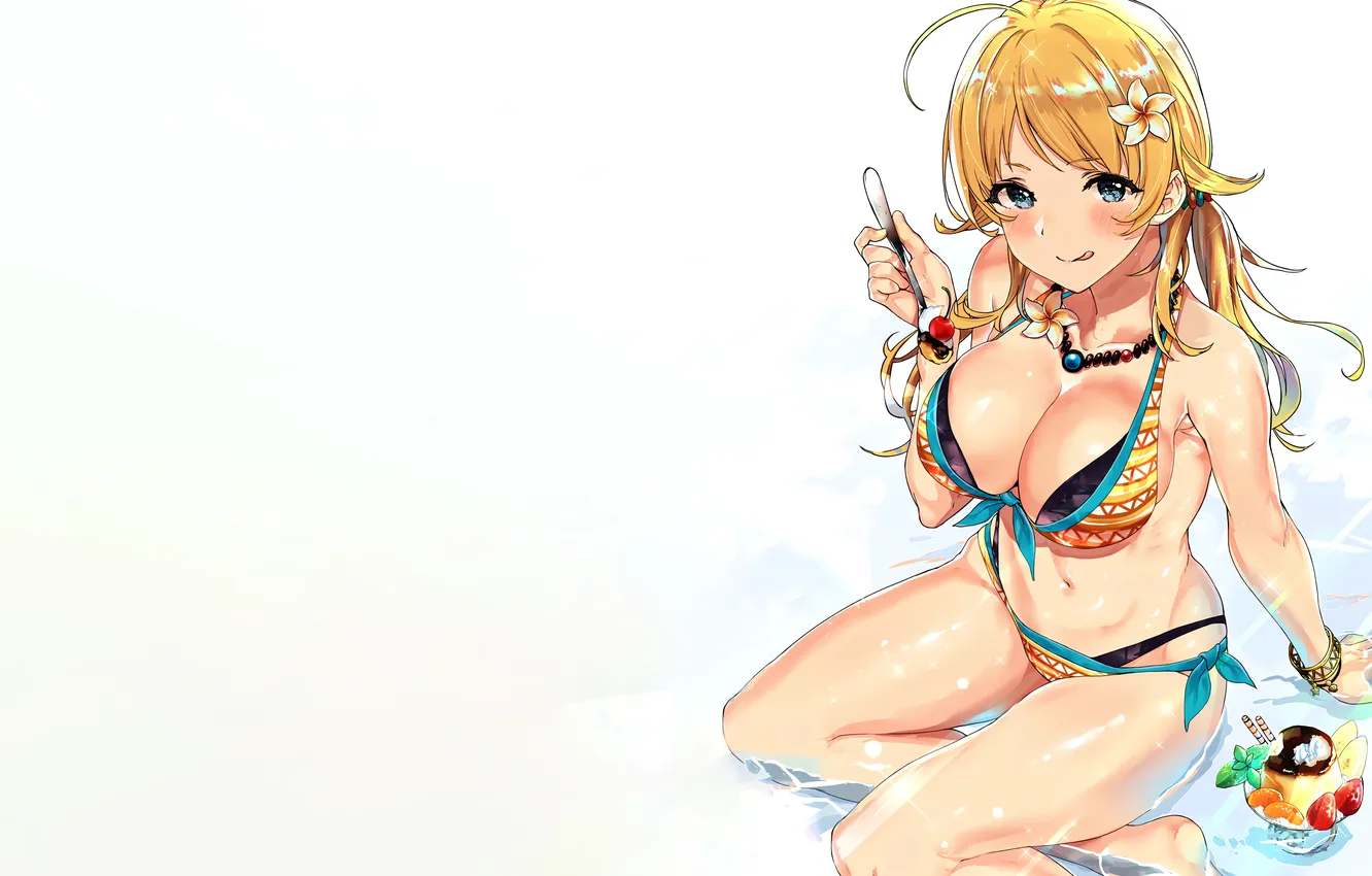 Фото обои girl, sexy, cleavage, long hair, legs, boobs, anime, water