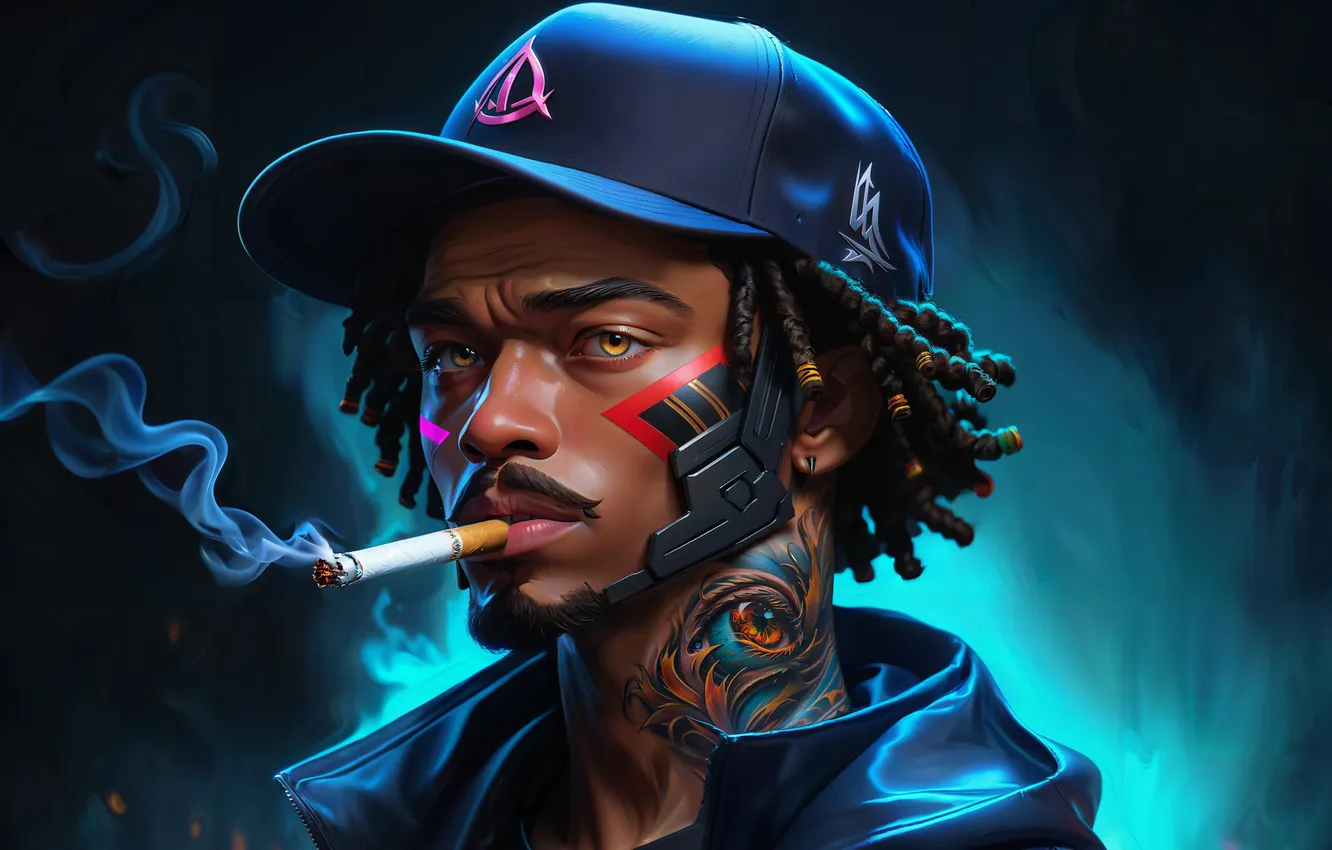 Фото обои кепка, парень, киберпанк