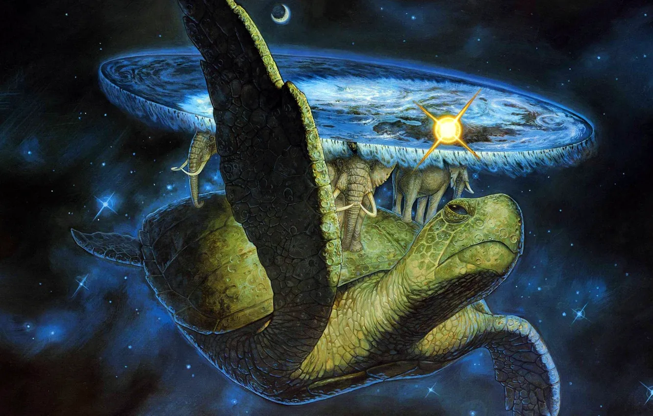 Фото обои космос, фентези, черепаха, слоны, плоский мир Терри Пратчетта