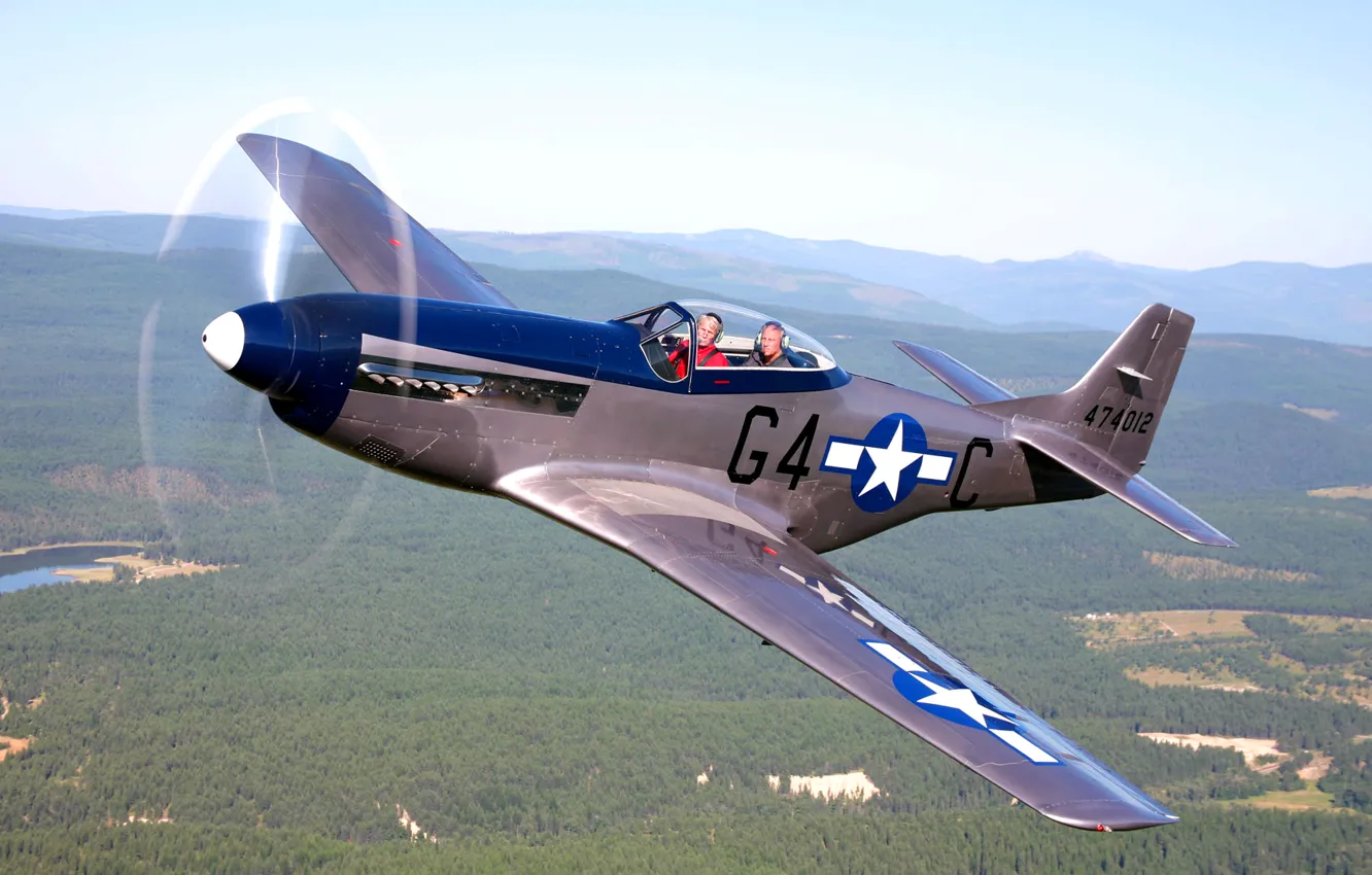 Фото обои небо, ретро, самолет, ландшафт, Mustang, истребитель, P-51, North American