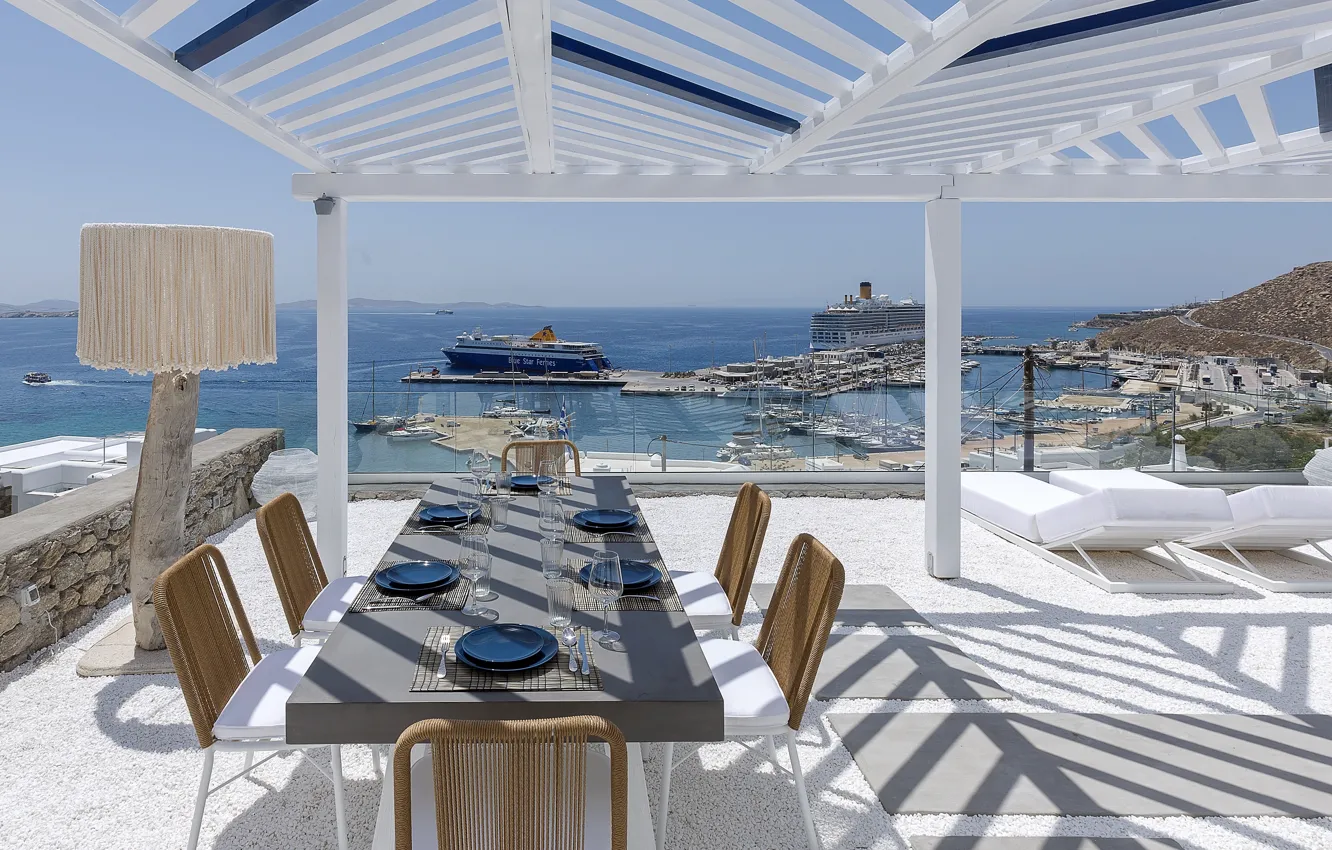 Фото обои вилла, Греция, терраса, столовая, Mykonos, Sealine Villa, вид на пристань