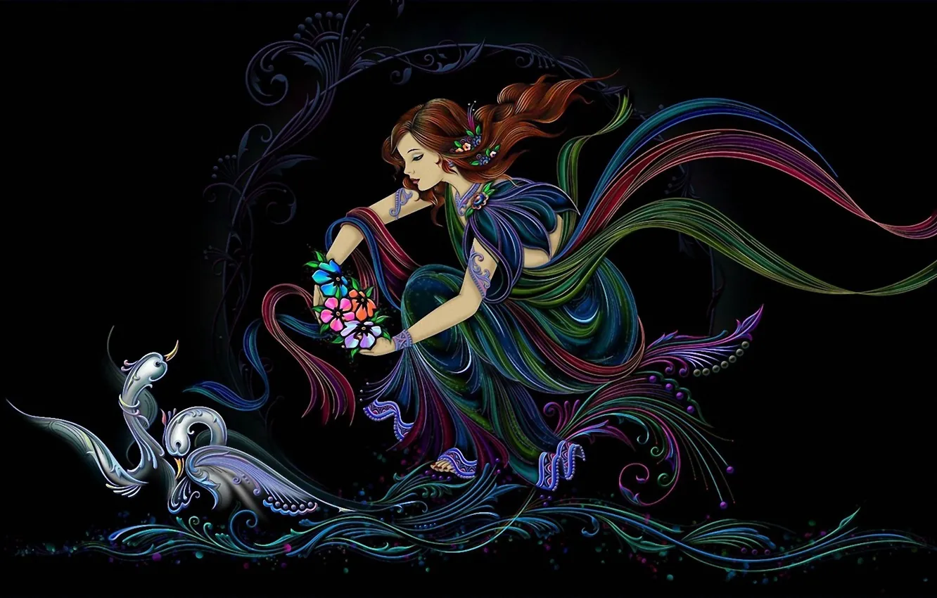 Фото обои волны, девушка, цветы, ветер, лебедь, творчество