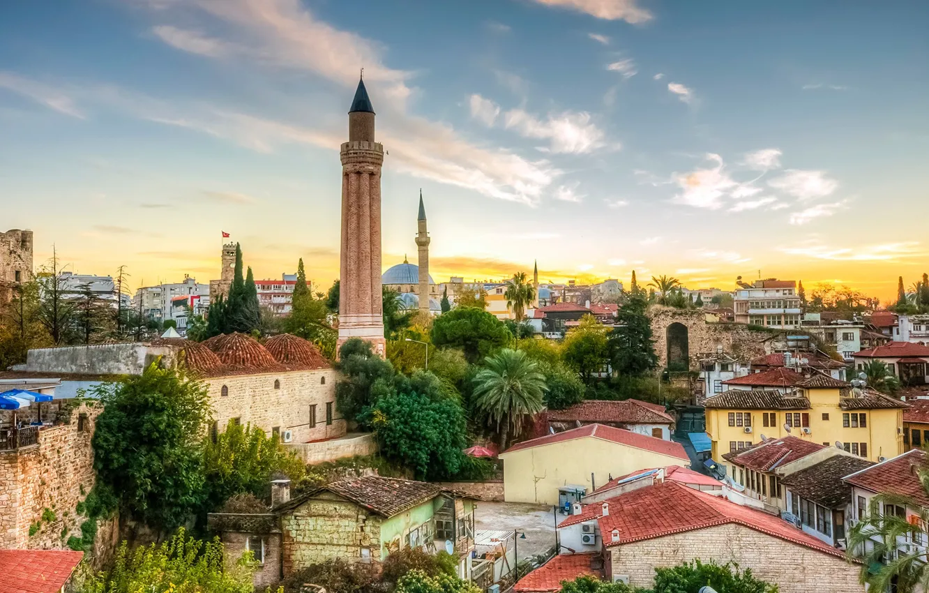 Фото обои дома, панорама, Турция, Анталья, Yivli Minare, минарет Йивли