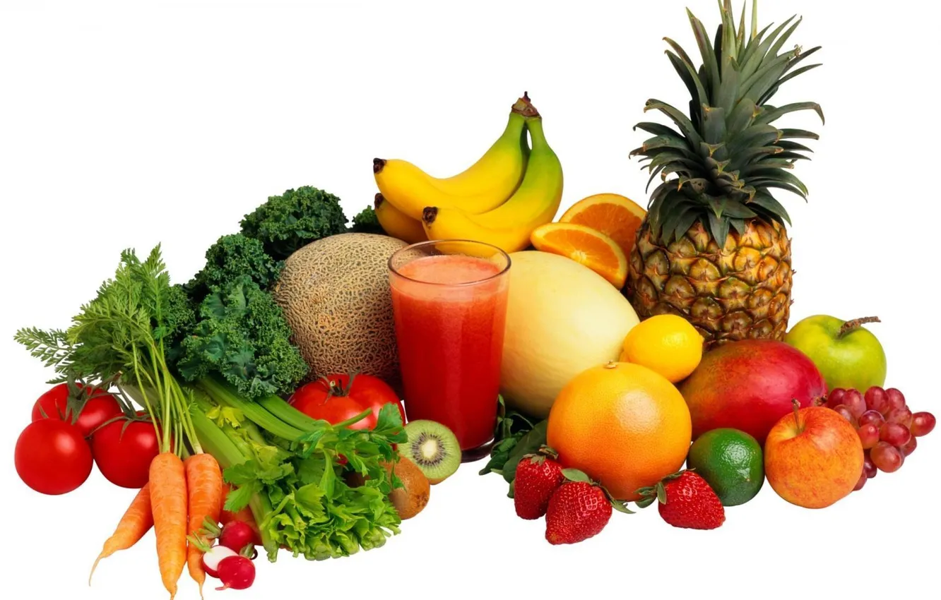 Фото обои зелень, яблоко, апельсин, киви, клубника, сок, виноград, фрукты