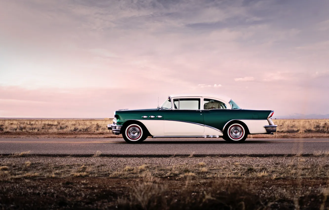 Фото обои дорога, небо, облака, колеса, сторона, 1956, Buick