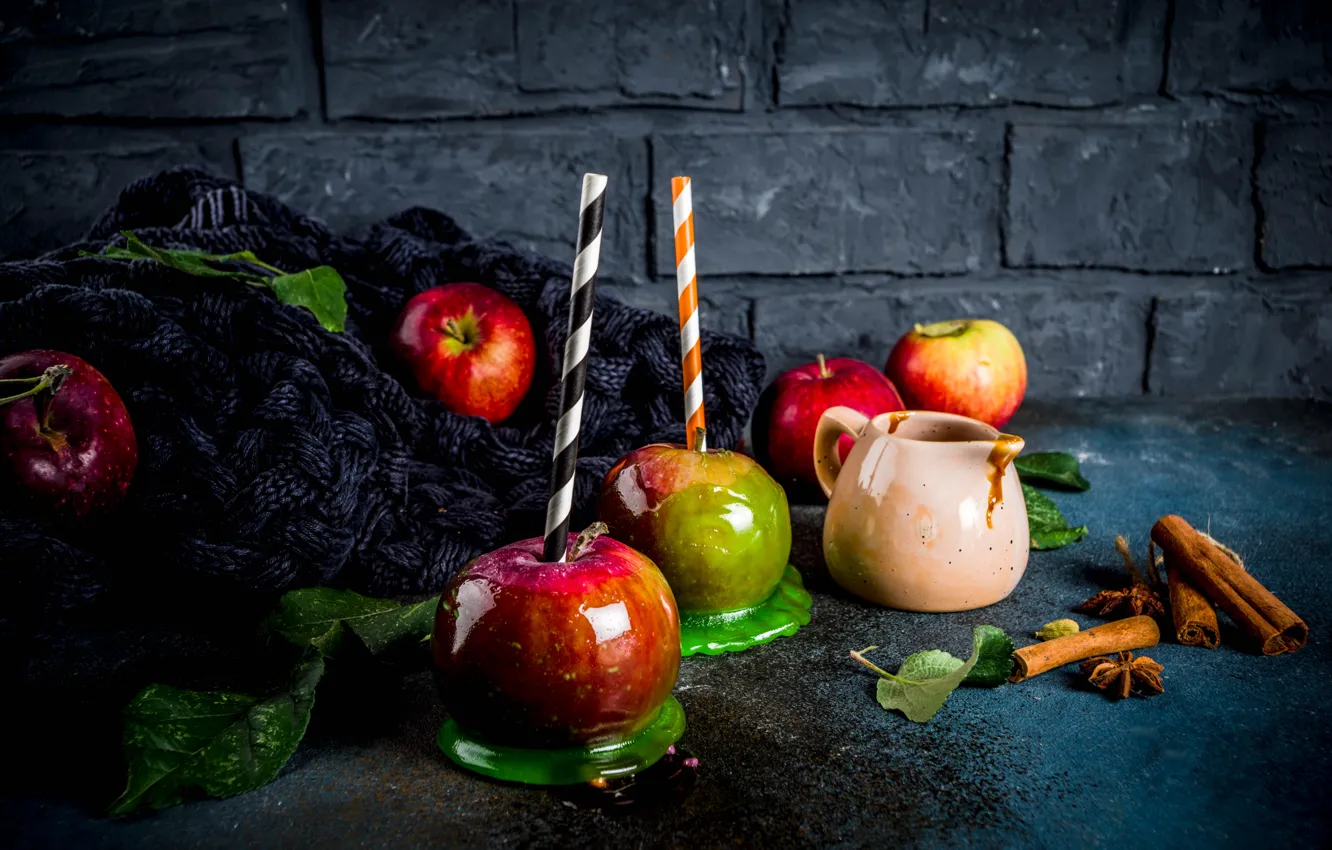 Фото обои корица, Десерт, Сладкий, яблоки в карамели