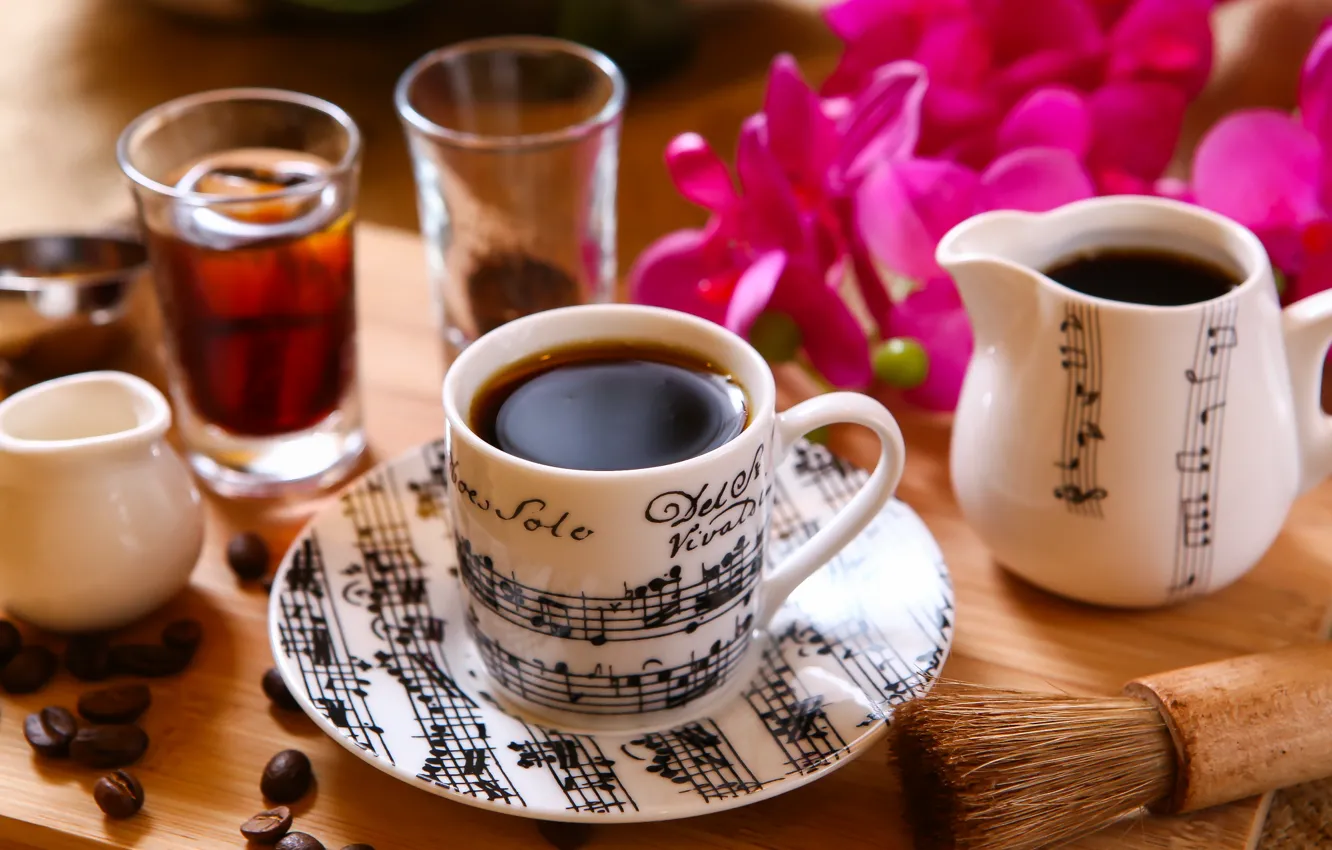 Фото обои ноты, кофе, зерна, чашка, напиток