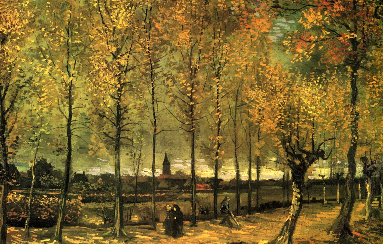 Фото обои осень, деревья, монашка, Vincent van Gogh, уборщик, Lane with Poplars