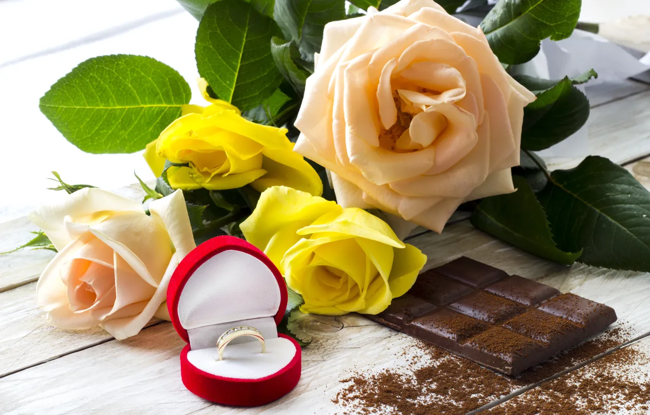 Фото обои шоколад, розы, кольцо, сладкое, chocolate, ring, roses