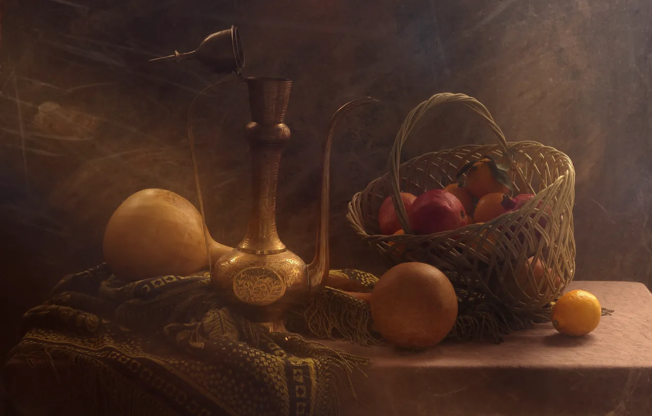 Фото обои лимон, корзина, тыквы, натюрморт, гранаты, мандарины