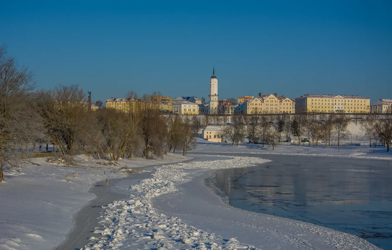 Фото обои зима, город, река, архитектура, могилев