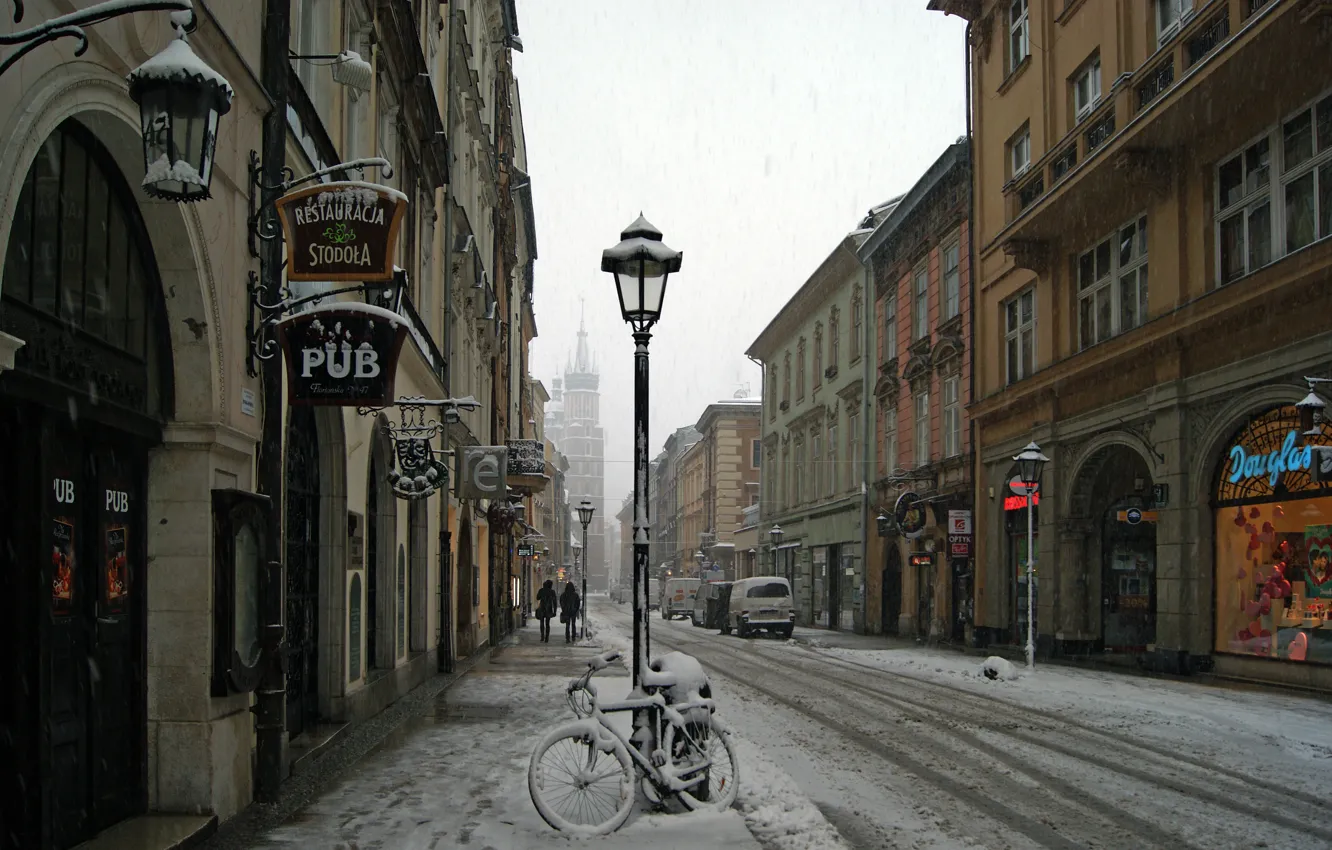 Фото обои Дома, Зима, Снег, Улица, Фонарь, Велосипед