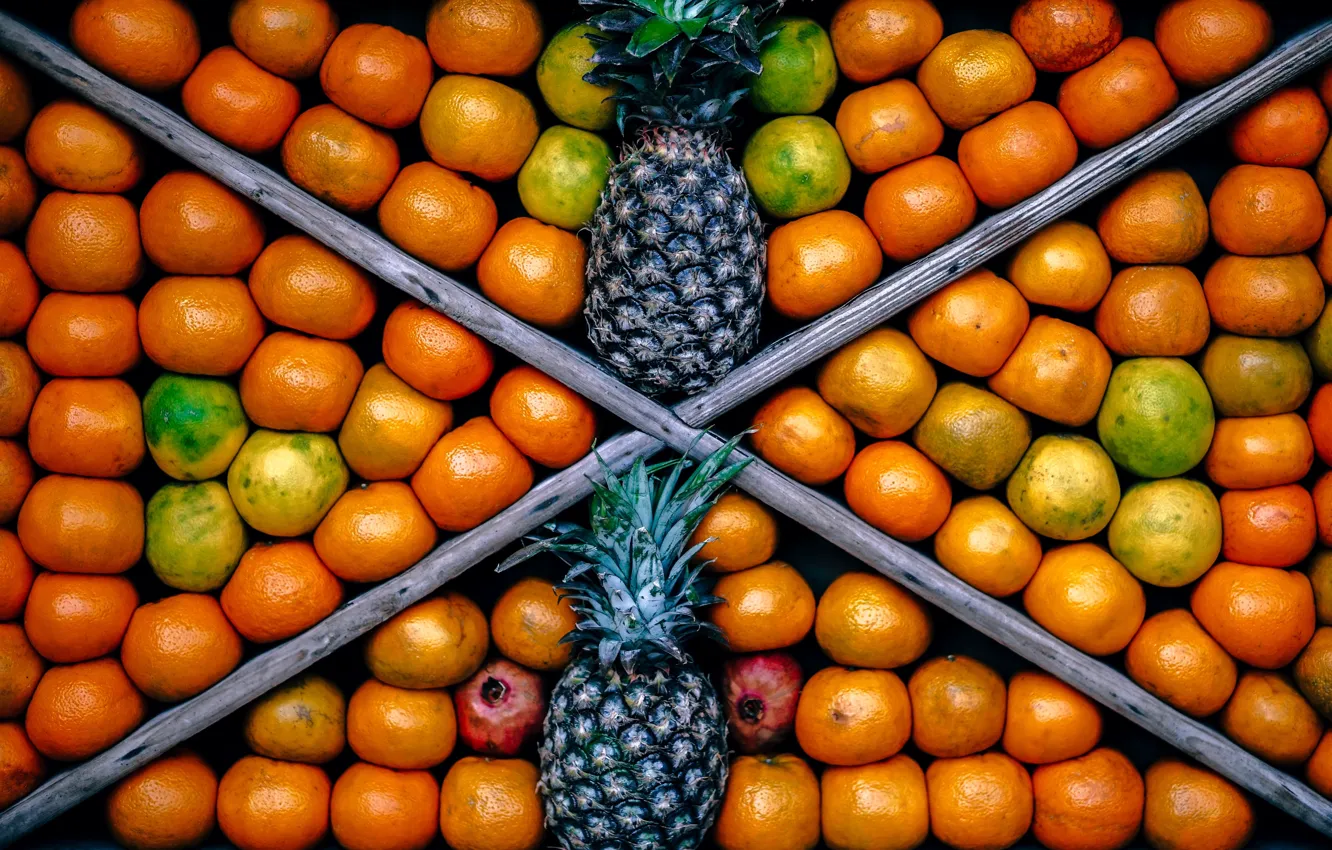 Фото обои фрукты, ананас, ящик, гранаты, витрина, мандарины, ананасы