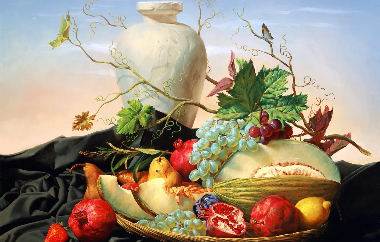 Фото обои виноград, ваза, груша, фрукты, натюрморт, живопись, гранат, дыня