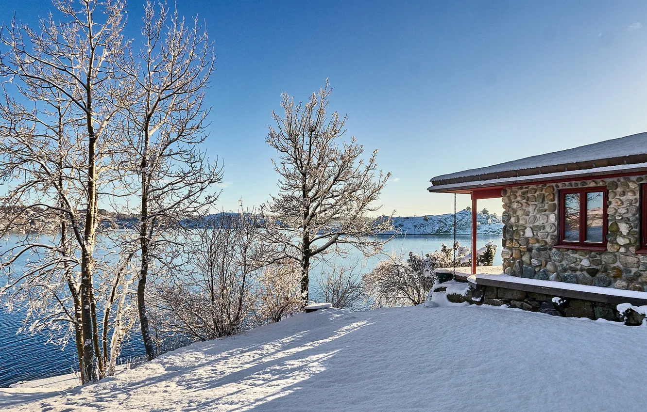 Фото обои зима, Норвегия, домик, Norway, Førresfjorden