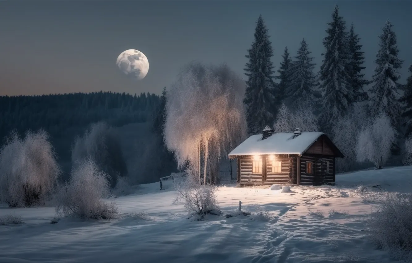 Фото обои зима, иней, лес, свет, снег, деревья, ночь, дом