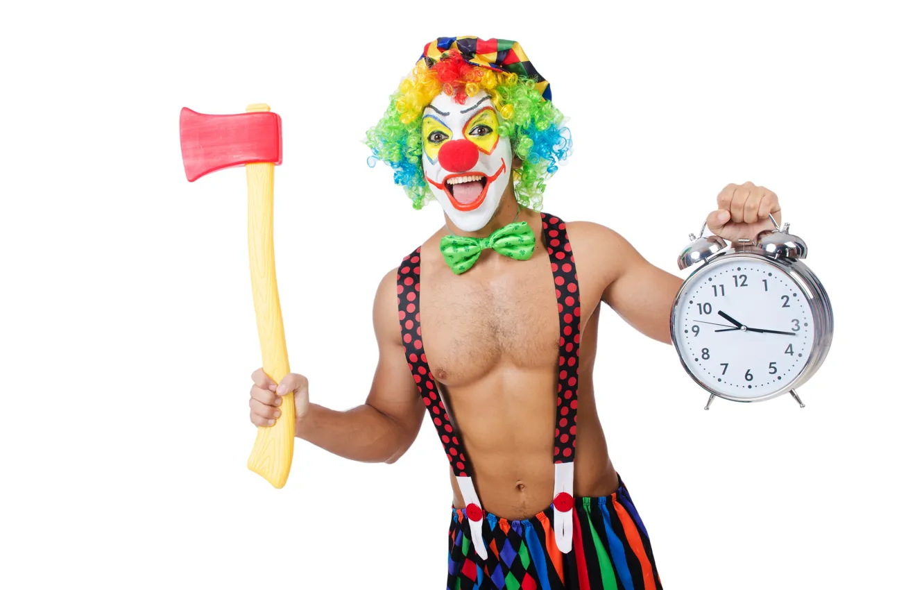 Фото обои бабочка, краска, часы, фигура, клоун, будильник, прическа, наряд
