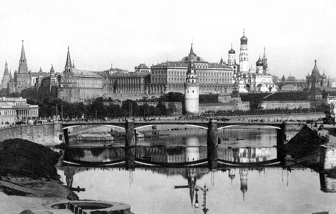 Фото обои кремль, чёрно-белая фотография, старая москва, дореволюционная россия, москва 19 век, большой каменный мост, дореволюционная москва, …