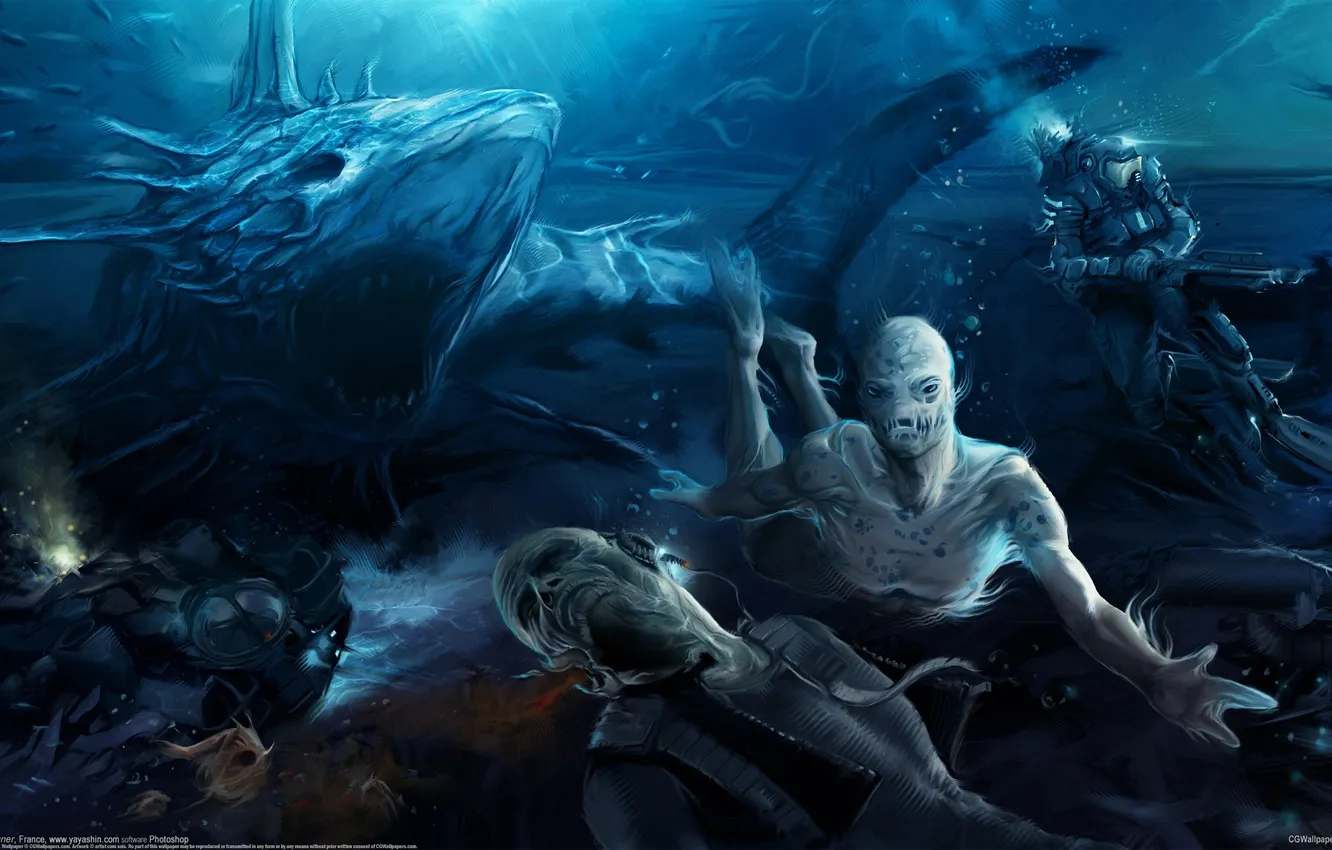 Фото обои водолаз, акула, монстры, Bruno Wagner
