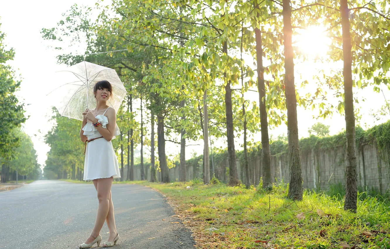 Фото обои дорога, девушка, зонт, азиатка