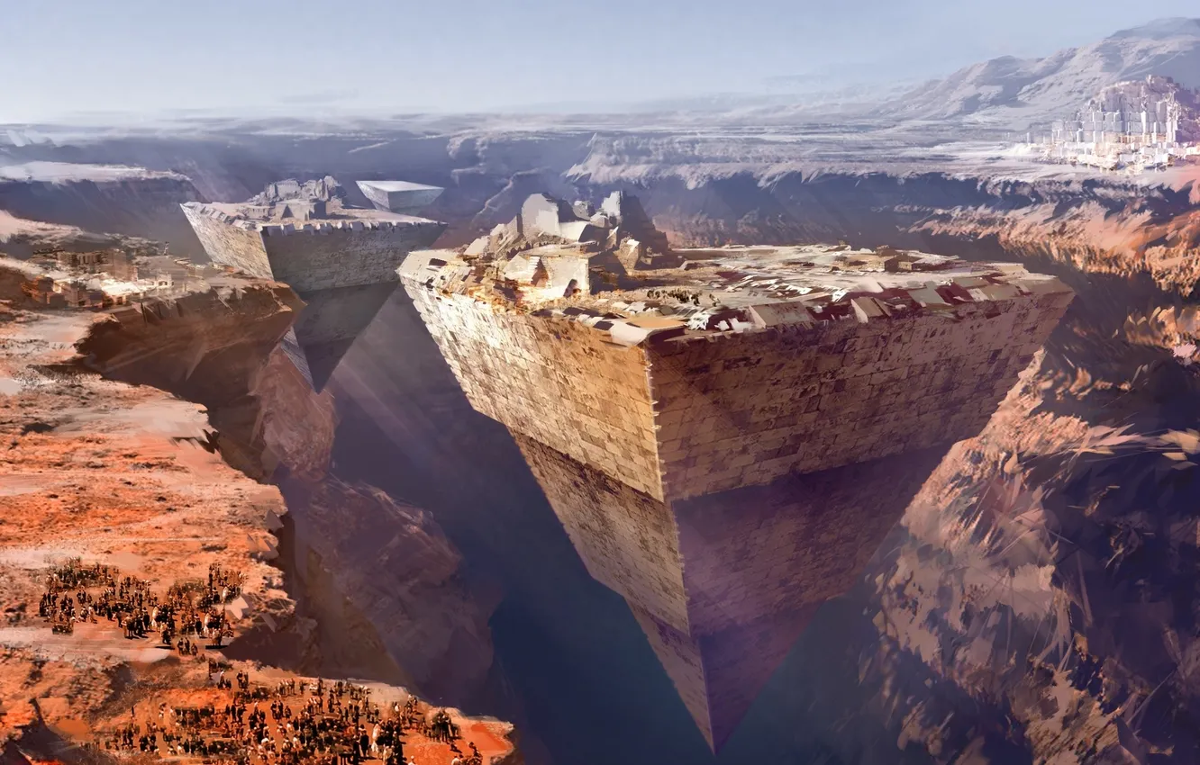 Фото обои горы, люди, фантастика, каньон, пирамиды, daniel dociu