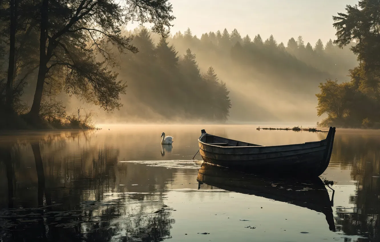 Фото обои calm, dawn, boat, duck