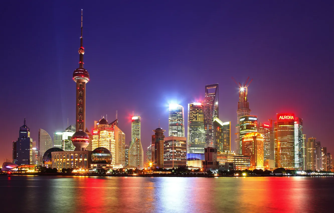 Фото обои ночь, огни, China, небоскребы, Китай, Shanghai, Шанхай