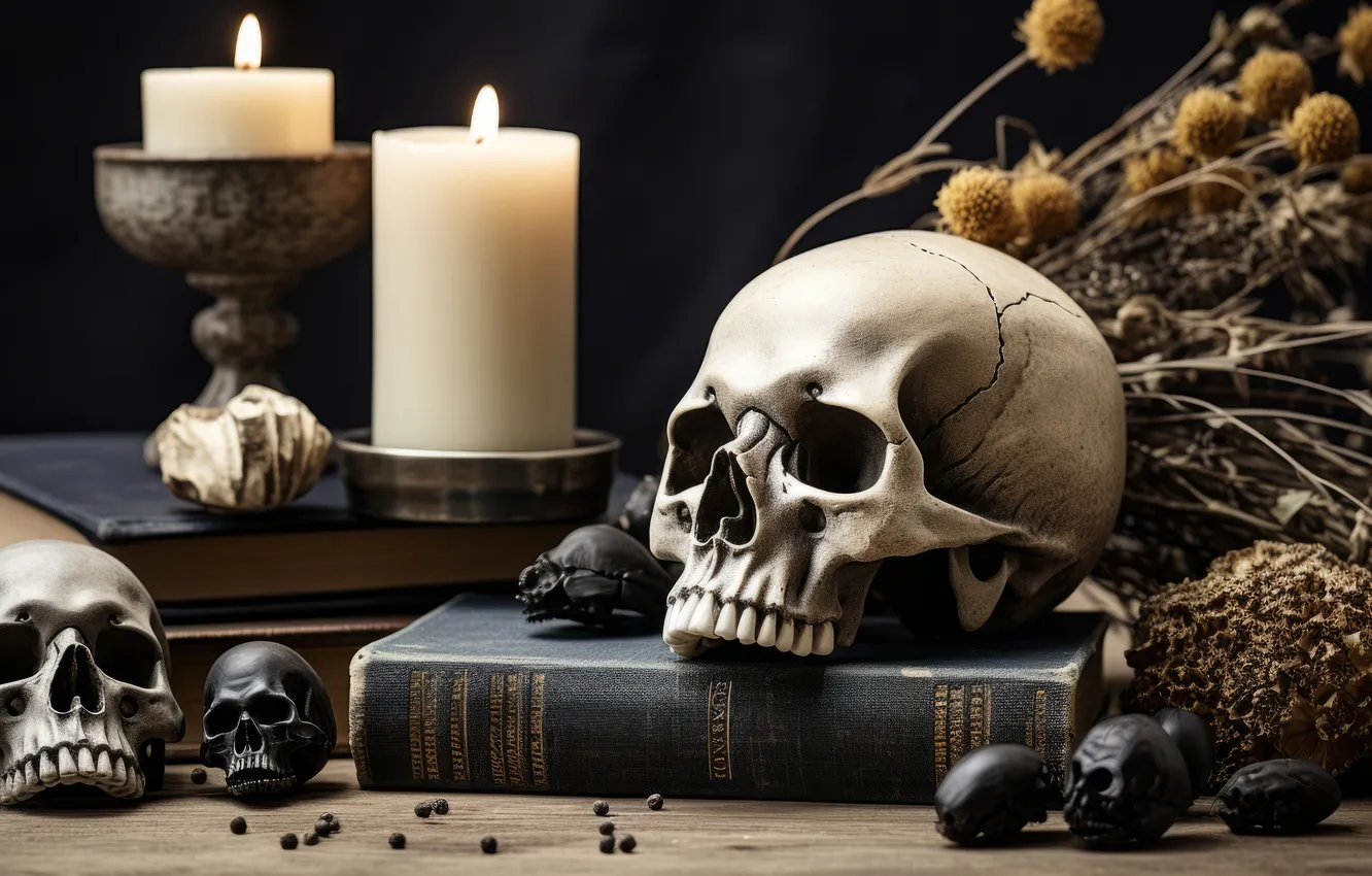 Фото обои темный фон, стол, книги, череп, букет, свечи, черепа, книга
