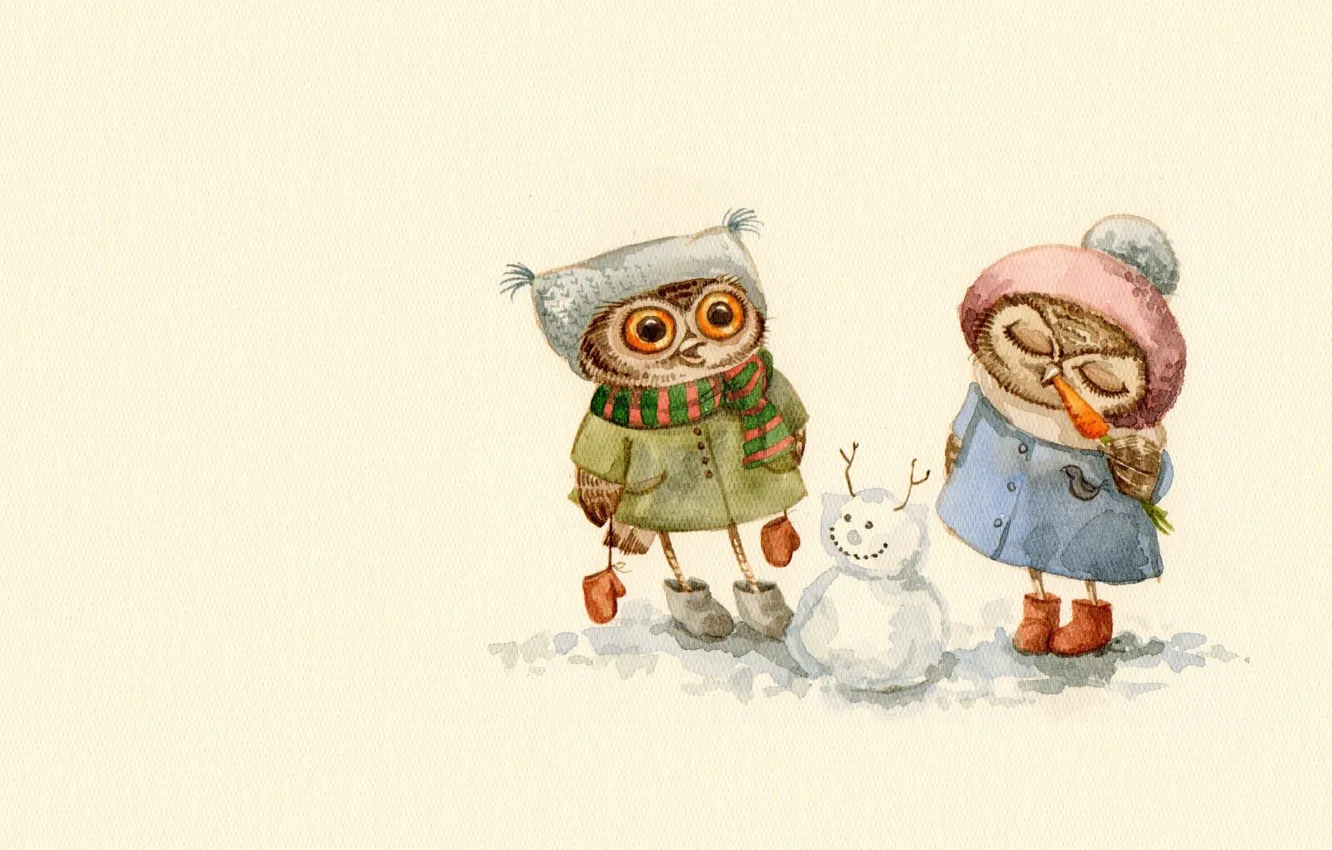 Фото обои зима, настроение, сова, игра, арт, снеговик, прогулка, детская