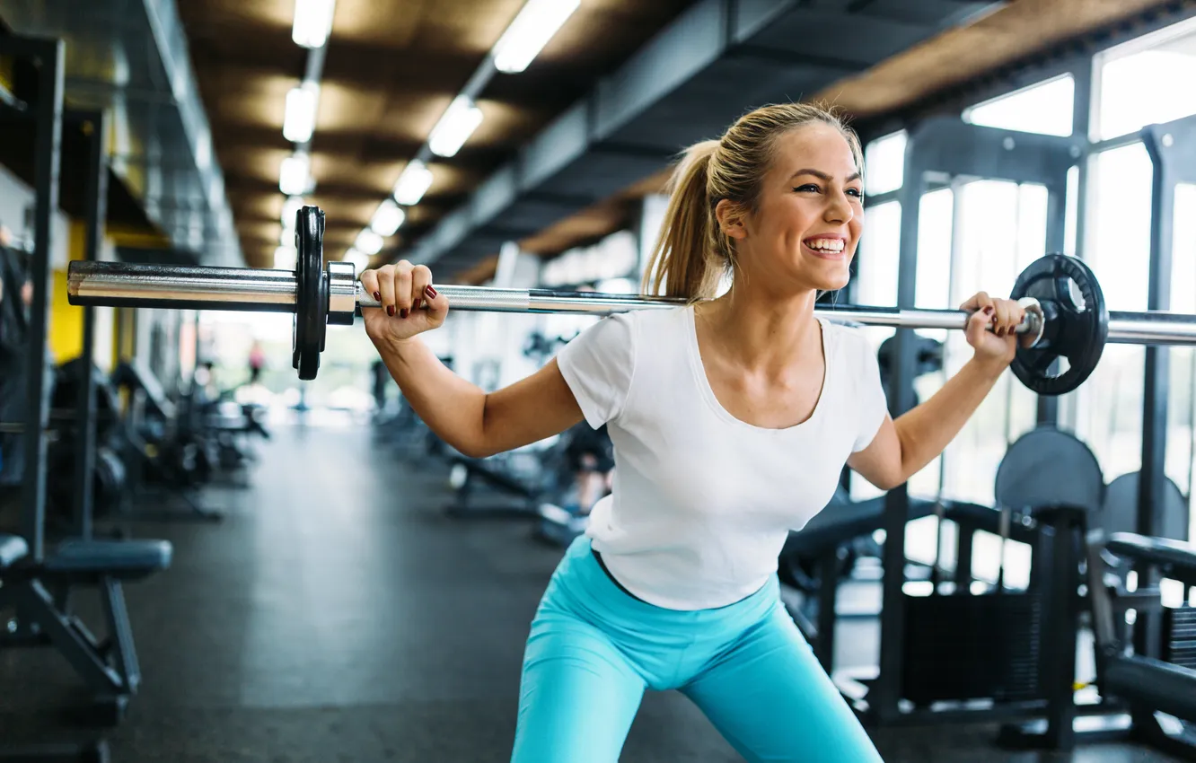 Фото обои поза, фигура, блондинка, фитнес, штанга, тренировка, воркаут, workout