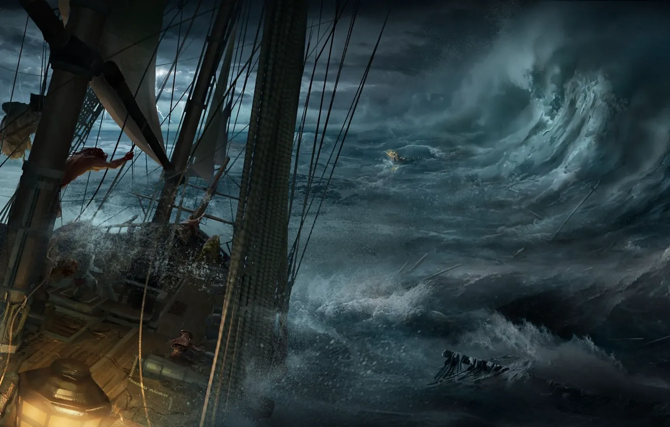 Фото обои море, волны, обломки, шторм, лодка, корабль, арт, кораблекрушение
