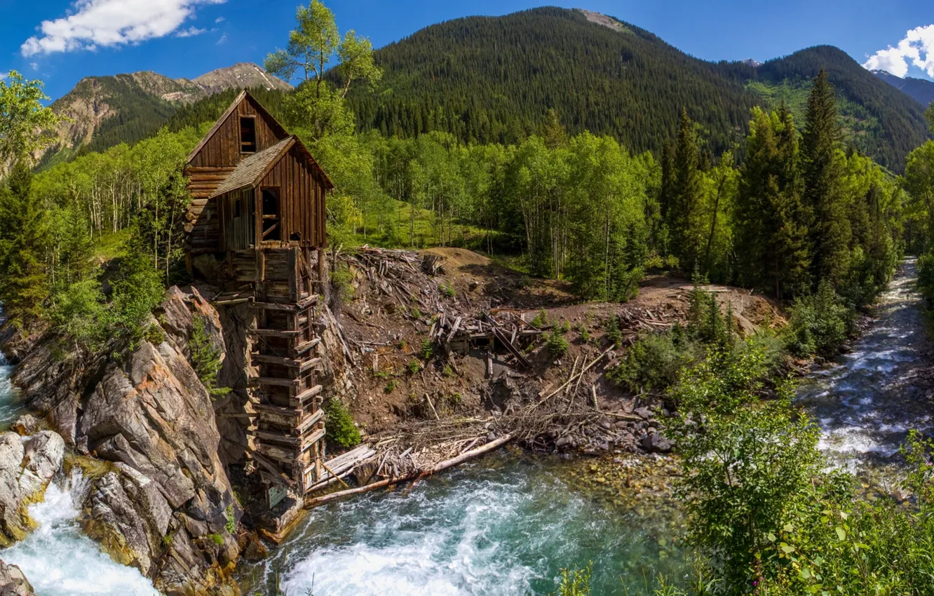 Фото обои лес, деревья, горы, река, Колорадо, панорама, водяная мельница, Colorado