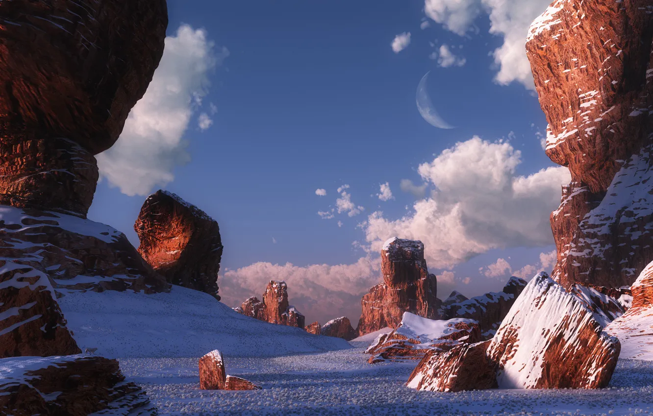 Фото обои зима, камни, скалы, пустыня, каньон, digital, Desert dawn