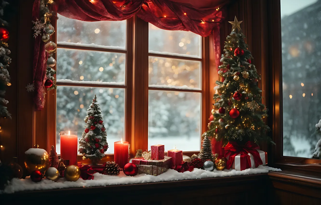 Фото обои елка, интерьер, окно, Рождество, Новый год, подоконник, Christmas, view