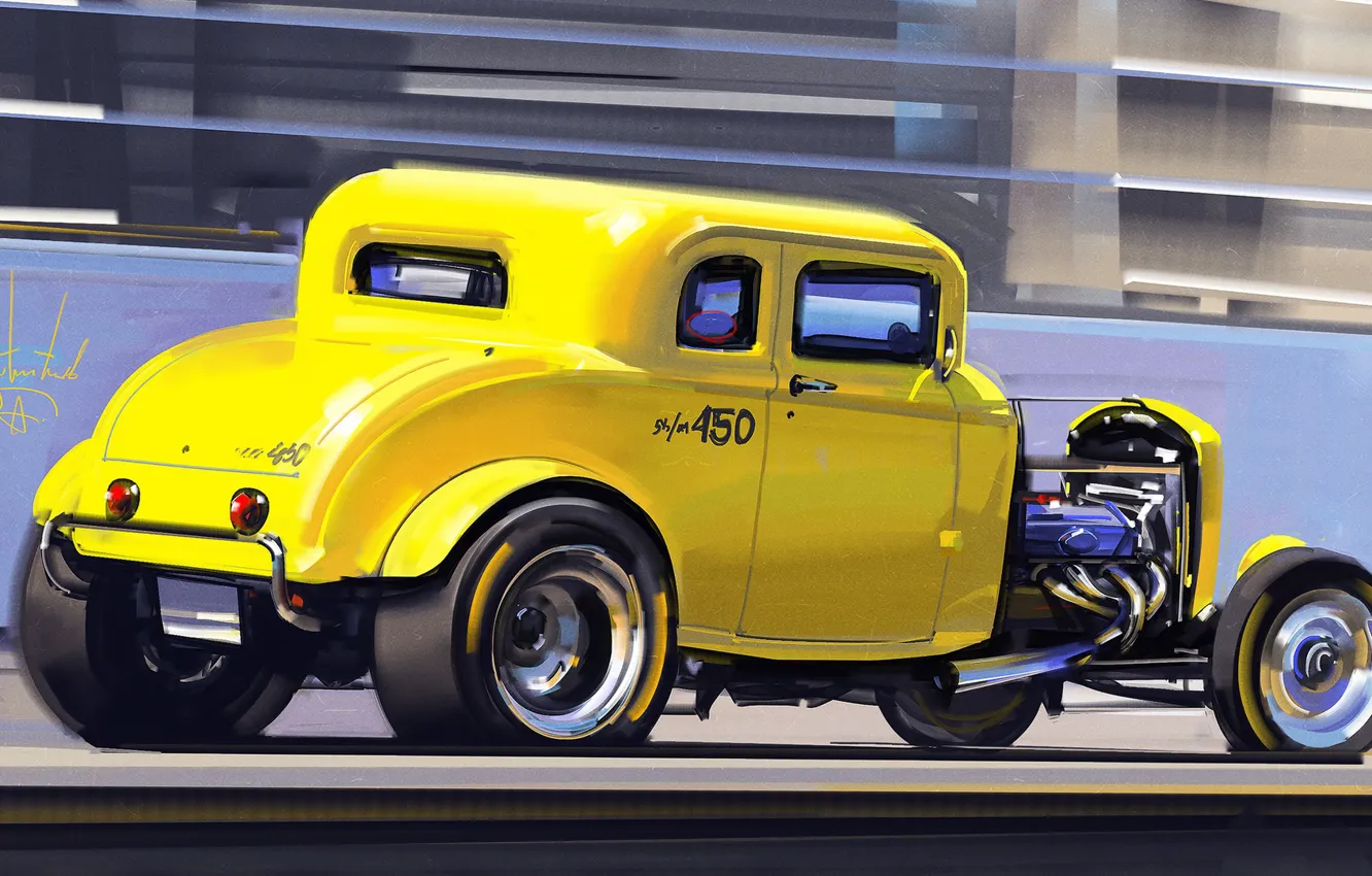 Фото обои Авто, Желтый, Машина, Арт, Auto, Hot Rod, 450, Хот-род