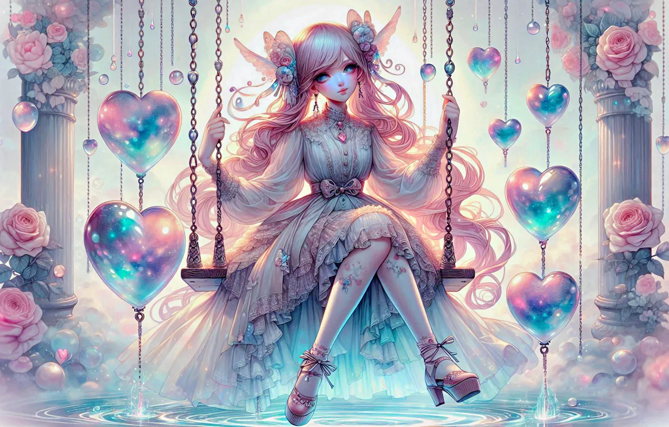 Фото обои вода, свет, туфельки, украшения, цветы, качели, розы, платье