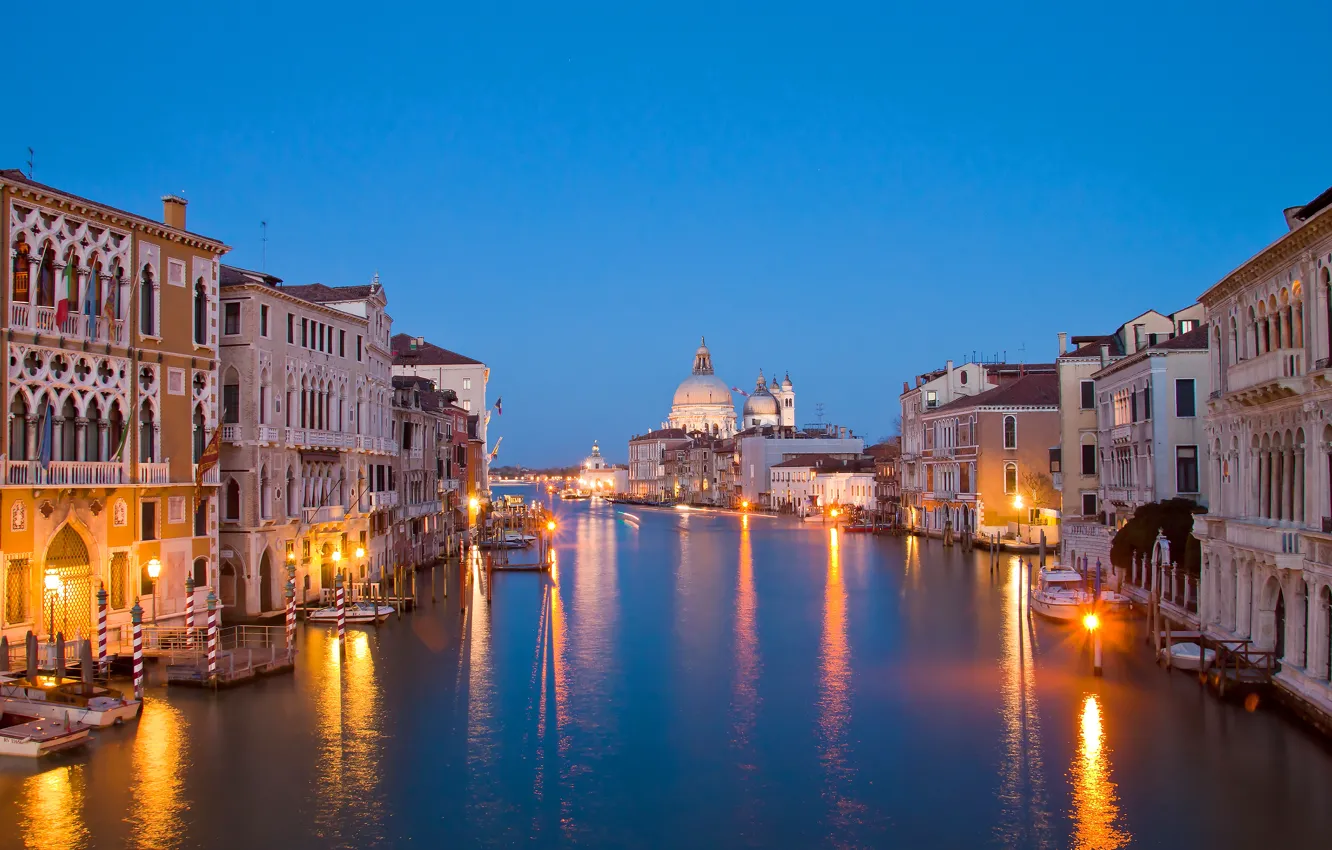 Фото обои огни, дома, вечер, канал, венеция, италия