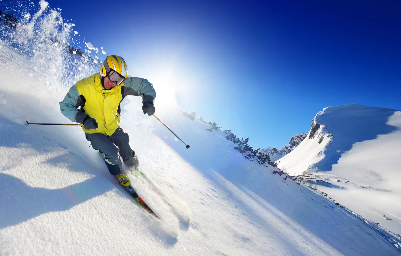 Фото обои зима, солнце, снег, спорт, лыжи