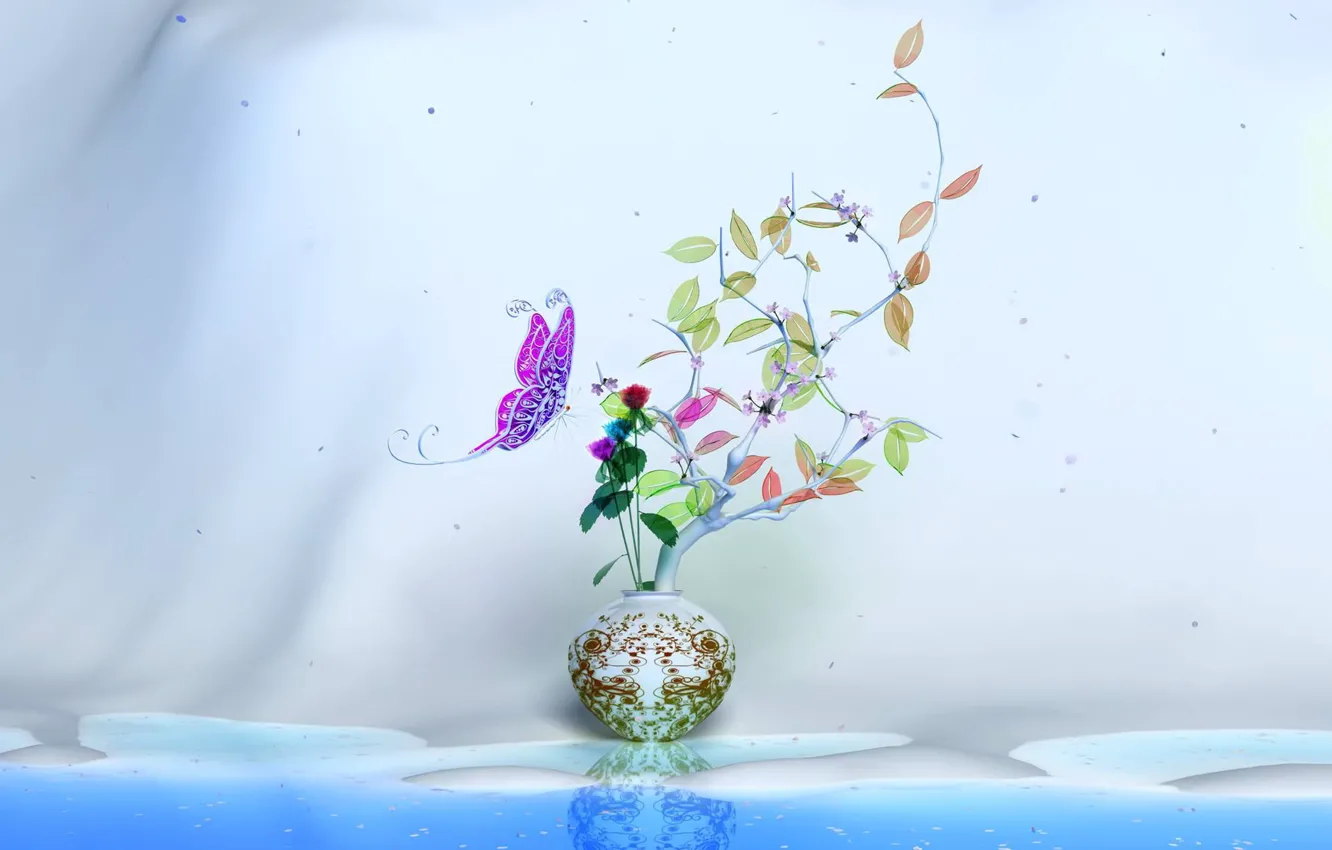 Фото обои цветок, листья, цвета, стена, бабочка, ветка, Ваза