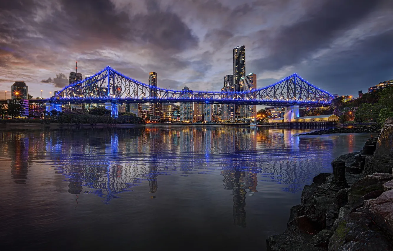Фото обои ночь, огни, отражение, река, небоскребы, подсветка, Австралия, мегаполис