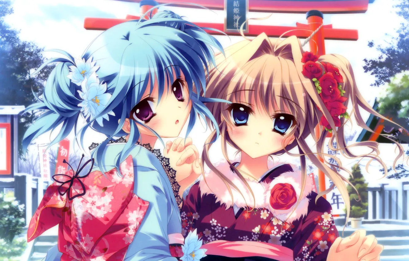 Фото обои цветы, девушки, кимоно, рыжие волосы, голубые волосы