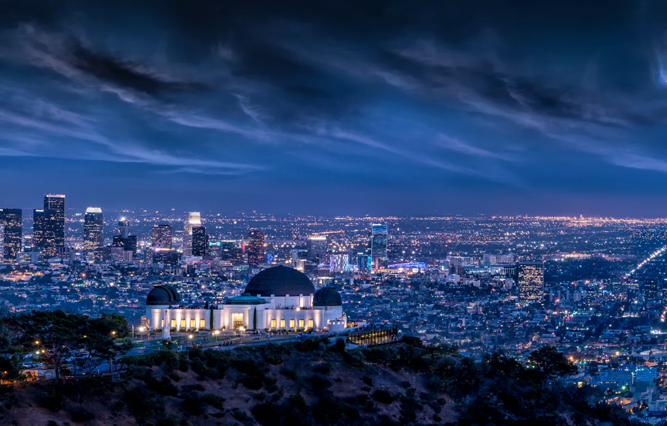 Фото обои Clouds, Sky, Lightning, Lights, Night, Los Angeles, L.A., Griffith Observatory