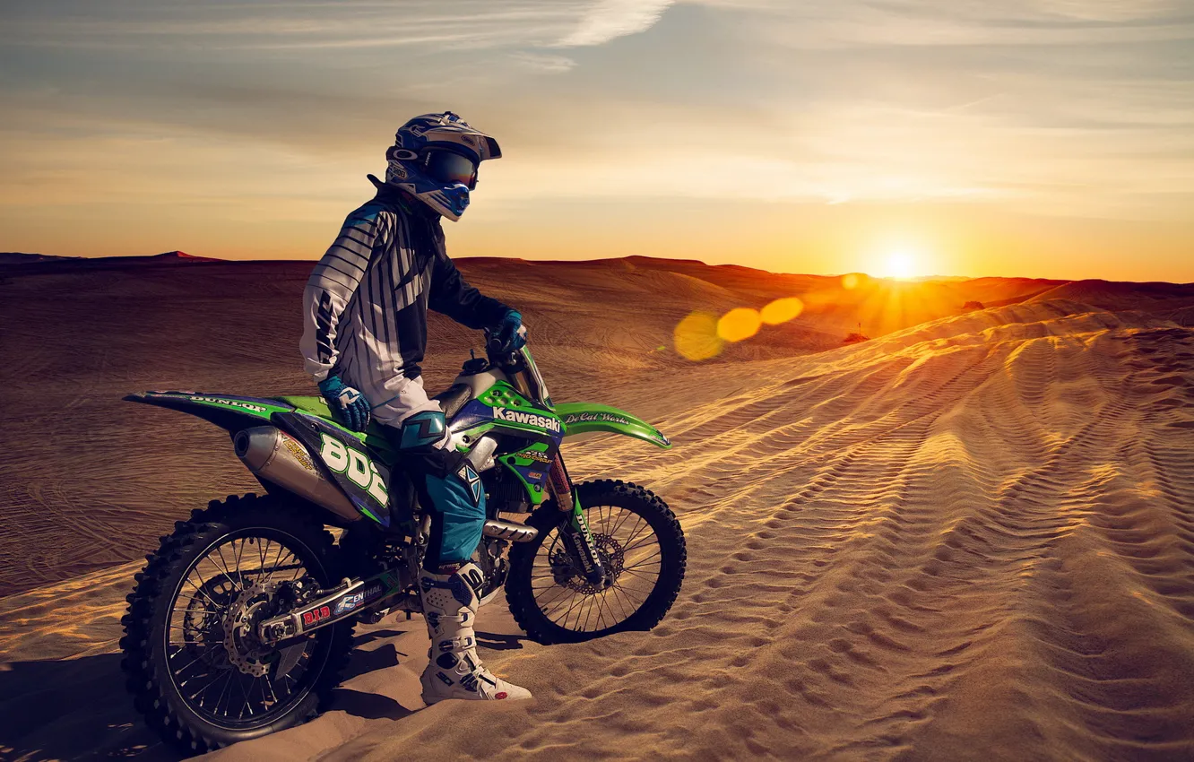Фото обои sunset, motorcycle, sand, dunes