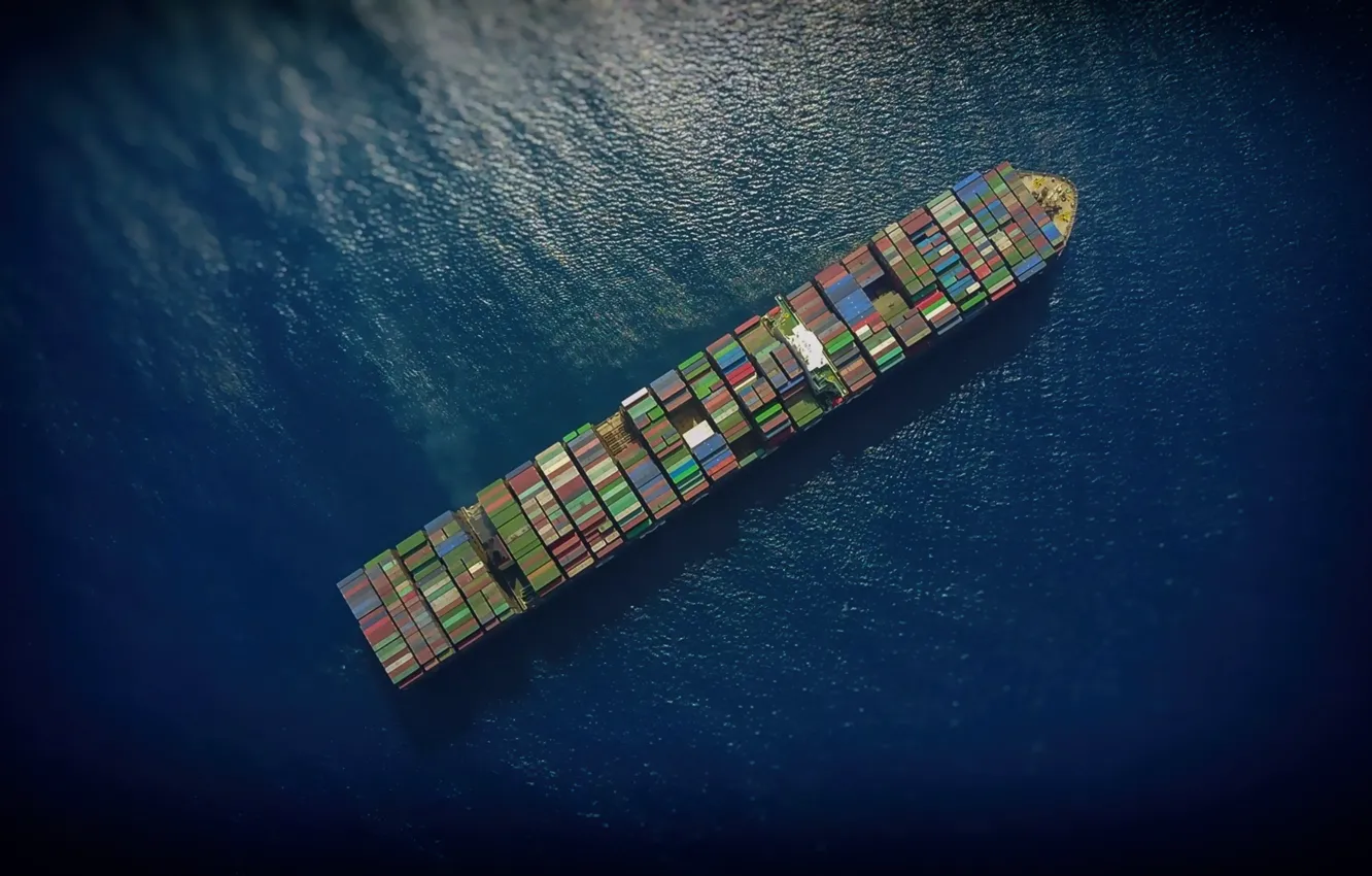 Фото обои Океан, Море, Судно, Вид сверху, Контейнеровоз, CMA CGM, Vessel, Container Ship