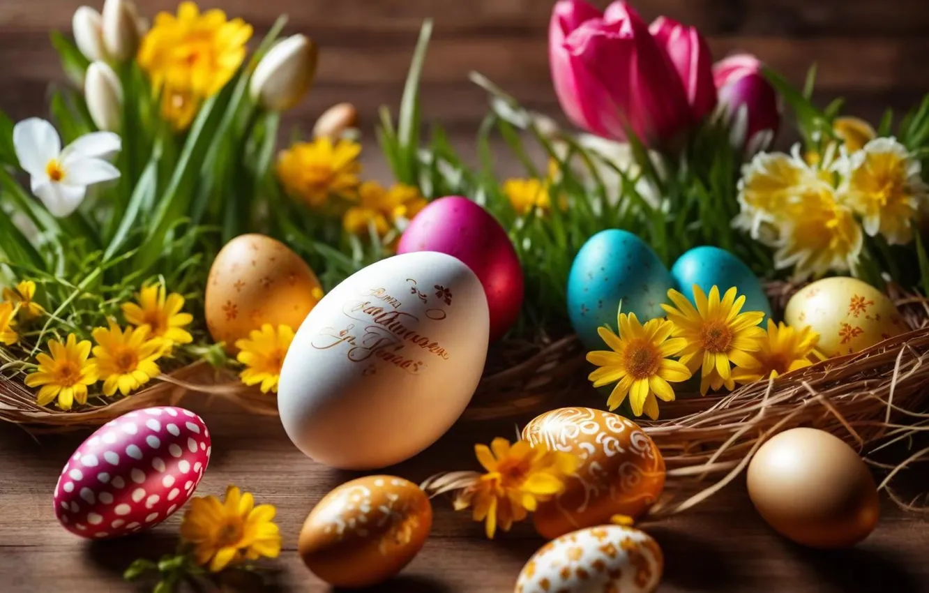 Фото обои цветы, яйца, весна, colorful, Пасха, happy, flowers, spring
